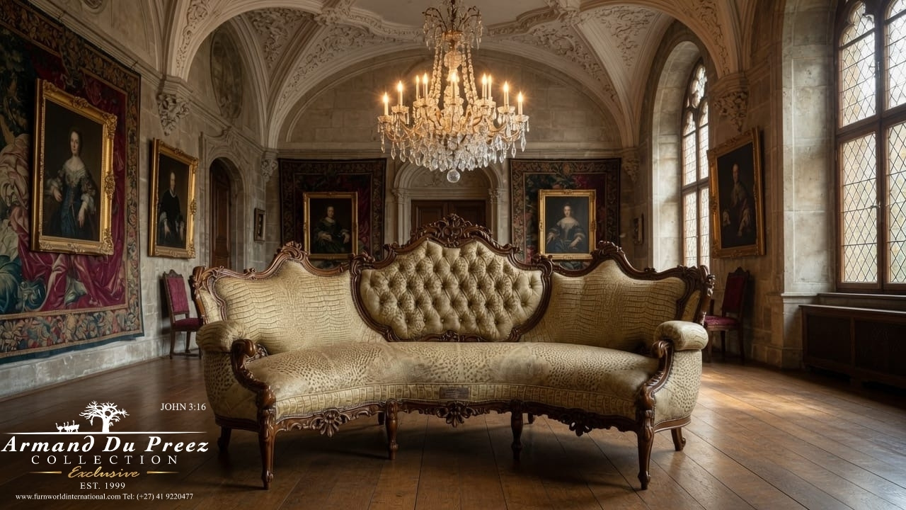 Genuine Crocodile and Genuine Ostrich Leather Hand Carved Curve Corner Couch